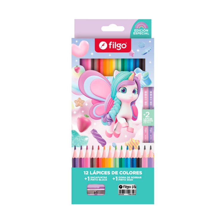 Lapices de Colores Filgo Unicornio x 12 + 2 Grafitod + Goma + Sacapuntas Art.PN201-E12-FTSY3